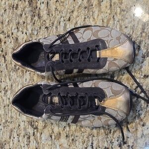Coach Katelyn Brown Tan Logo Tennis Sneaker Shoes Canvas Leather 8 1/2 M